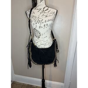 MICHAEL KORS RHEA GROMMET BLACK SUEDE,GOLD STUDS,FRINGES,SLOUCHY CROSSBODY